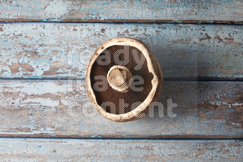 Fresh portobello mushrooms topview on a light blue wooden background