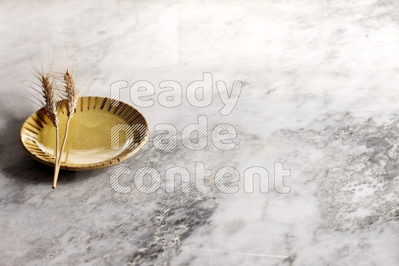 Wheat stalks on Multicolored Pottery Plate on grey marble flooring, 45 degree angle