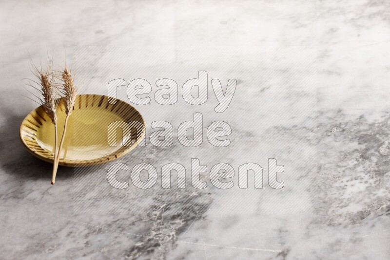 Wheat stalks on multicolored pottery plate on grey marble background