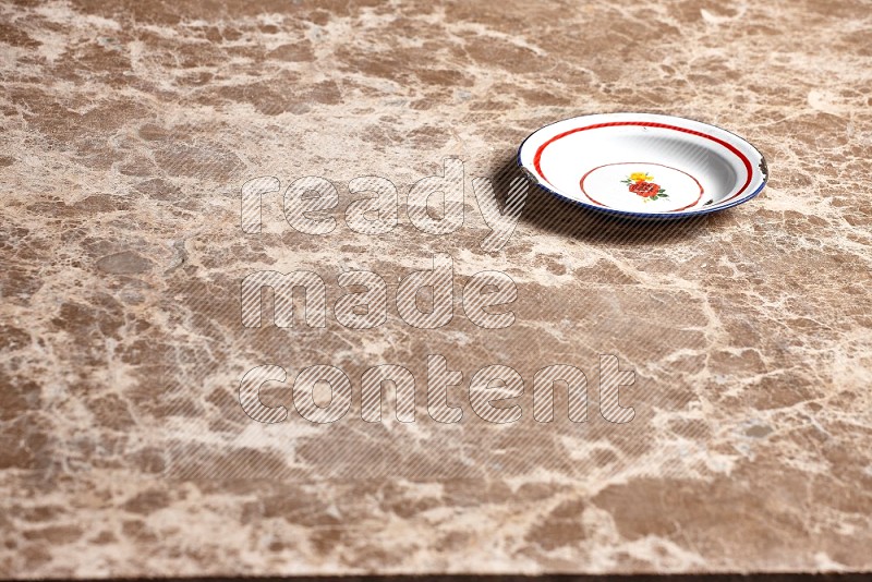 Vintage Metal Plate on Beige Marble Flooring, 45 degrees