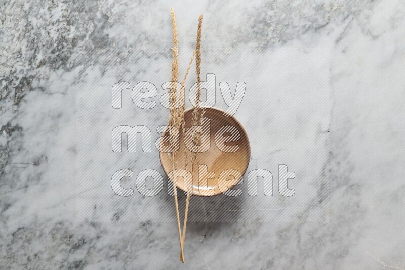 Wheat stalks on multicolored pottery plate on grey marble background