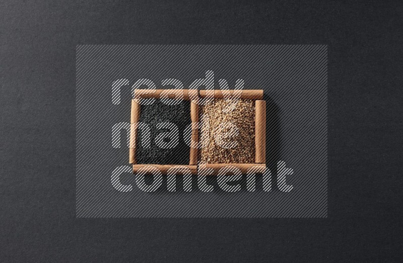 2 squares of cinnamon sticks full of mustard seeds and black seeds on black flooring