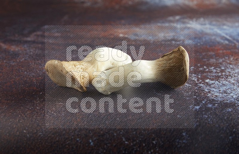 45 degre king oysters mushrooms on a textured reddish rustic metal background