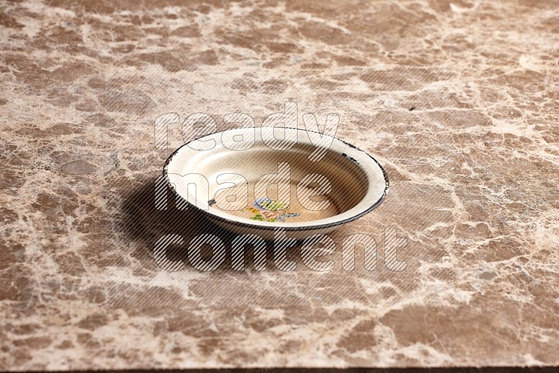 Vintage Metal Plate on Beige Marble Flooring, 45 degrees