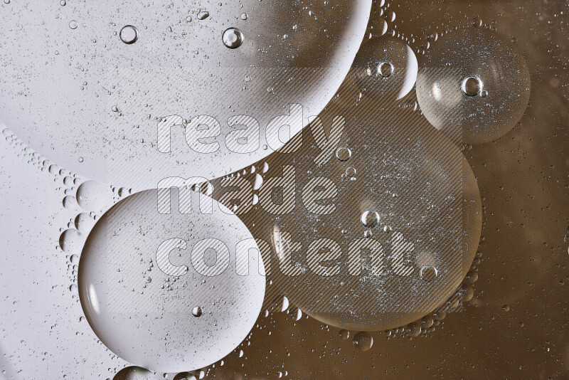 Close-ups of abstract oil bubbles on water surface in shades of white and brown