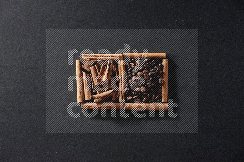 2 squares of cinnamon sticks full of coffee beans and cinnamon on black flooring