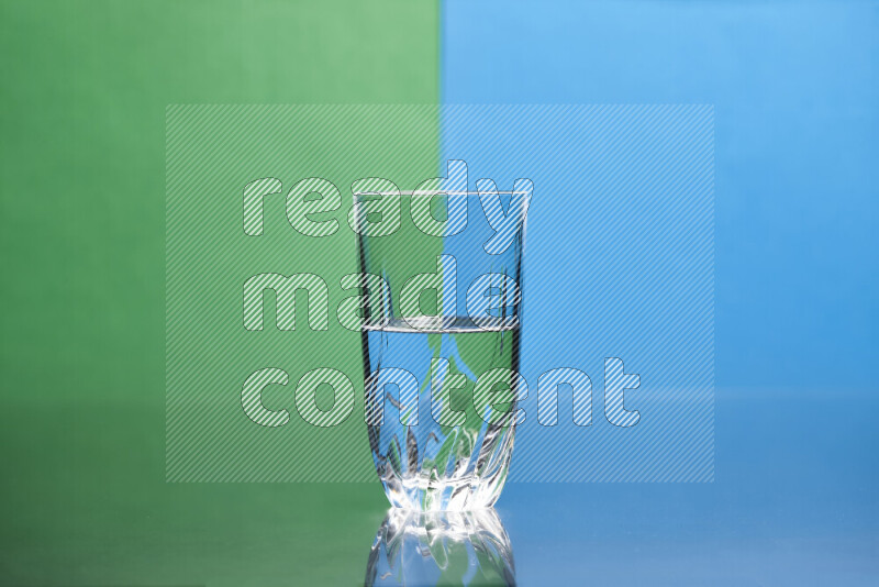 The image features a clear glassware filled with water, set against green and blue background