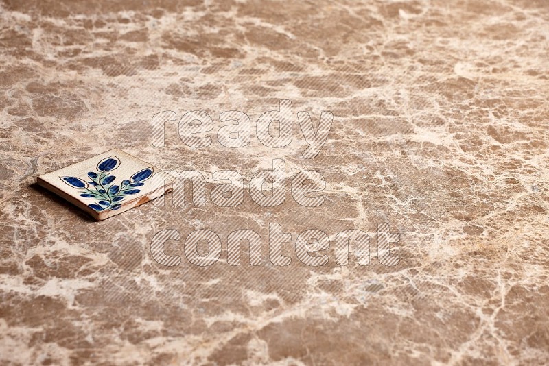 Pottery Coaster Tile on Beige Marble Flooring, 45 degrees