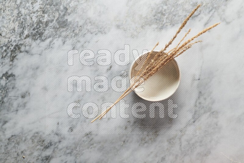 Wheat stalks on beige pottery bowl on grey marble background