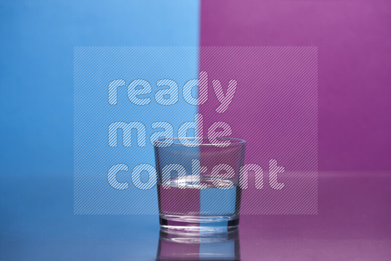 The image features a clear glassware filled with water, set against blue and purple background