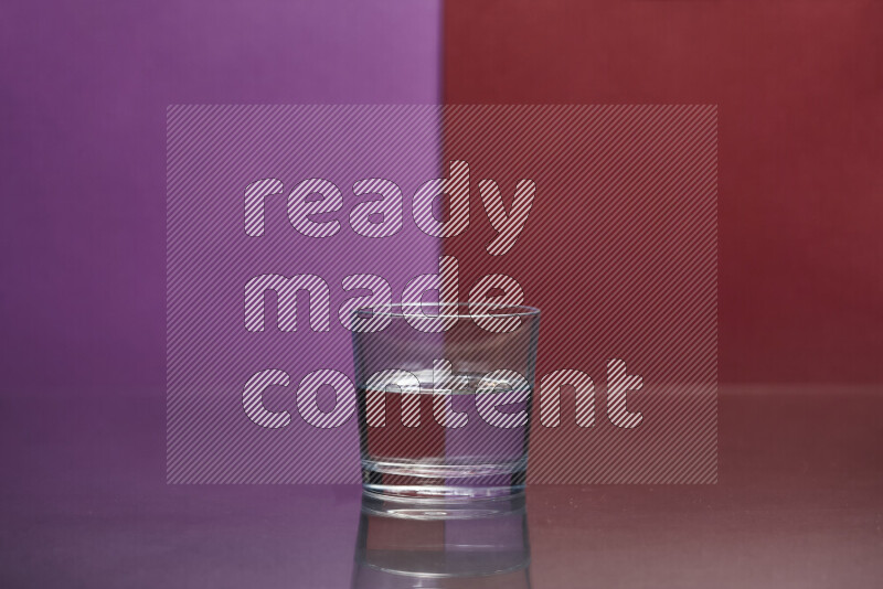 The image features a clear glassware filled with water, set against purple and dark red background