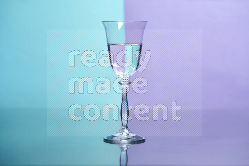 The image features a clear glassware filled with water, set against light blue and light purple background