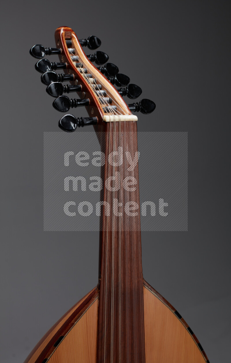 parts of a brown wooden Oud in a gray background