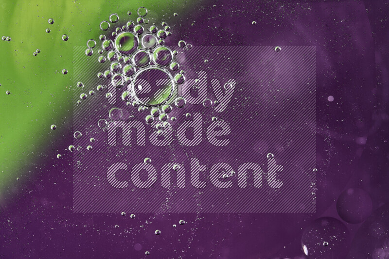 Close-ups of abstract oil bubbles on water surface in shades of green and purple