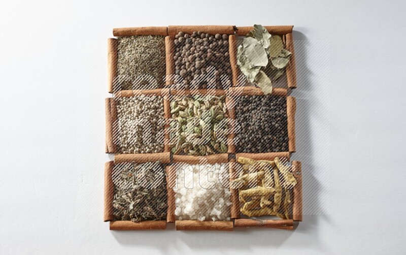 9 مربعات من أعواد القرفة ممتلئة بالهيل في المنتصف محاطة بأصابع الكركم والملح والريحان المجفف والفلفل الأبيض والكمون وبهار الفلفل الحلو وأوراق الغار والفلفل الأسود على أرضية بيضاء