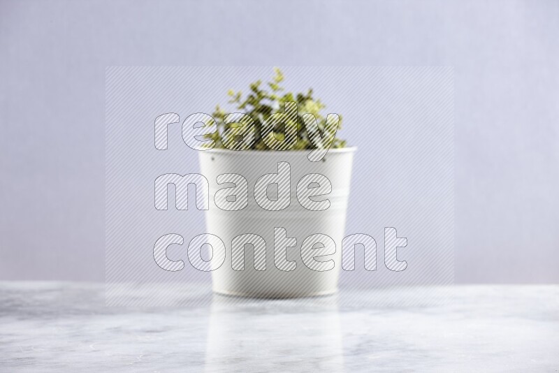 Artificial plant in white pot on grey marble background