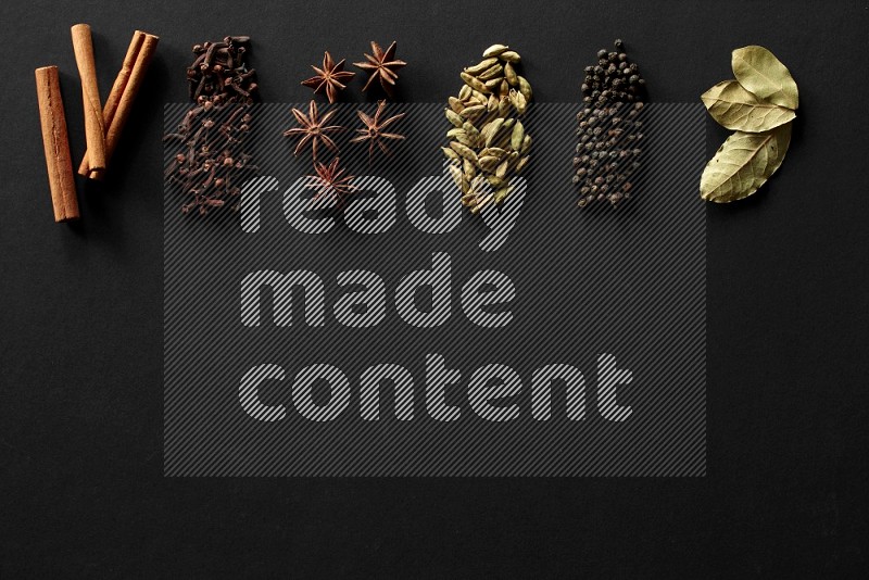 Cinnamon, cloves, star anise, cardamom, black peppers, laurel bay leaves lined on a black background