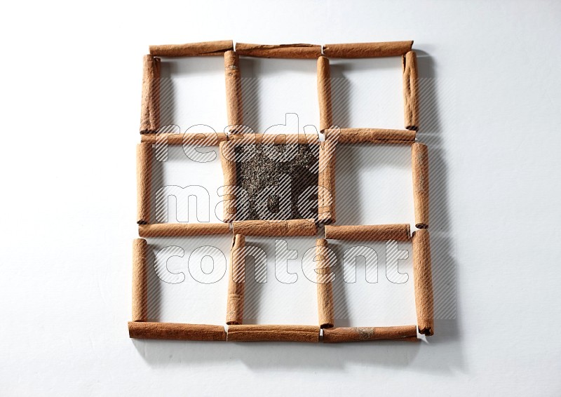 9 squares of cinnamon sticks full of tea in the middle surrounded by mint, ginger, cardamom, star anise, cinnamon, nutmeg, basil and cloves on white flooring