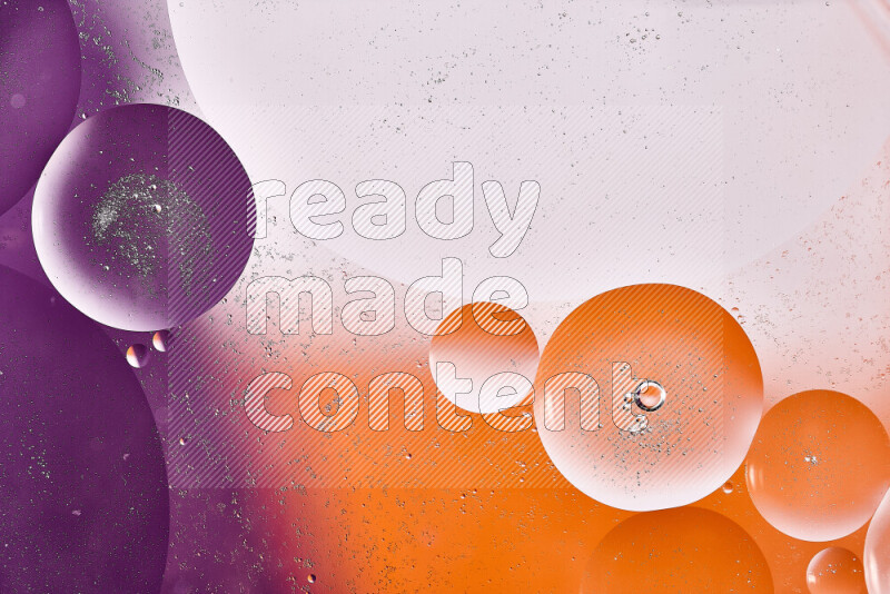 Close-ups of abstract oil bubbles on water surface in shades of white, orange and purple