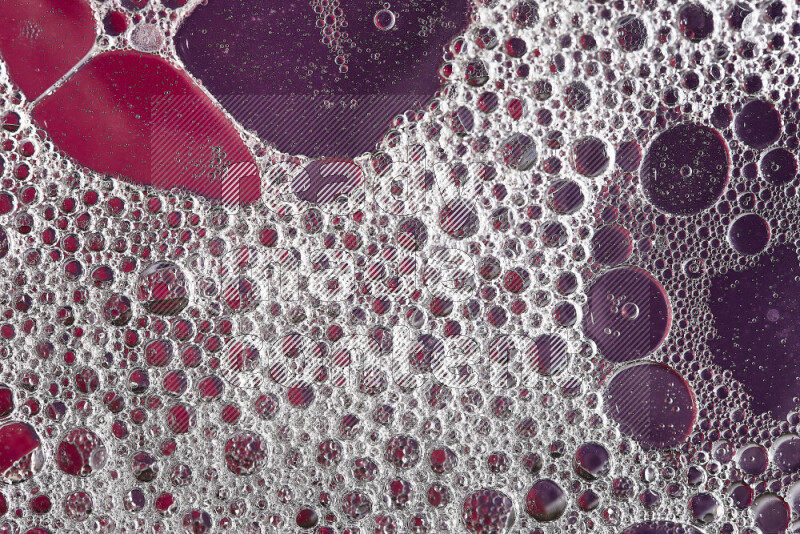 Close-ups of abstract soap bubbles and water droplets on pink and purple background