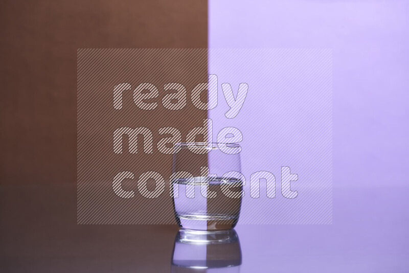 The image features a clear glassware filled with water, set against brown and light purple background