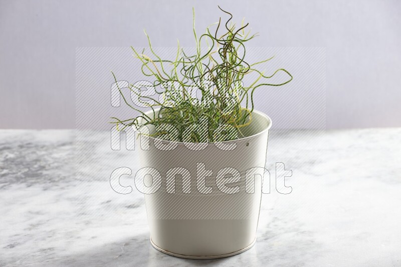 Green artificial plant in white pot on light grey marble background