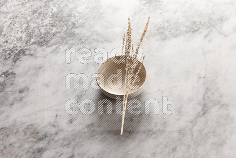 Wheat stalks on Beige Pottery Bowl on grey marble flooring, 45 degree angel