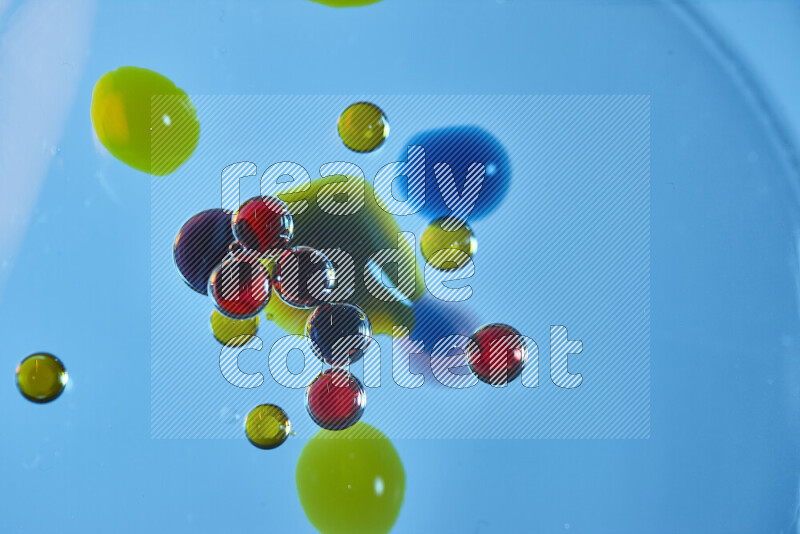 لقطات مقربة لقطرات ألوان مائية حمراء وزرقاء وصفراء على سطح الزيت على خلفية زرقاء