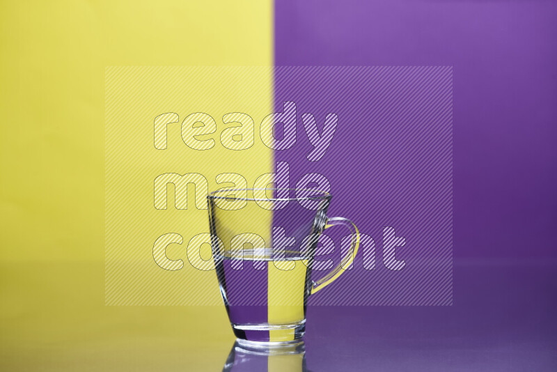 The image features a clear glassware filled with water, set against yellow and purple background