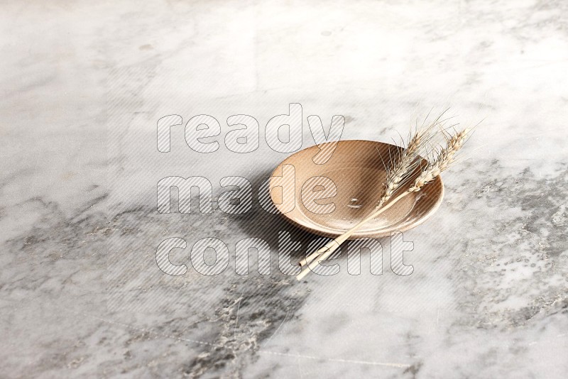 Wheat stalks on Beige Pottery Plate on grey marble flooring, 45 degree angel