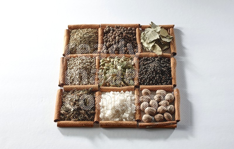 9 squares of cinnamon sticks full of cardamom in the middle surrounded by nutmeg, salt, basil, white peppers, cumin, allspice, bay laurel and black peppers on white flooring
