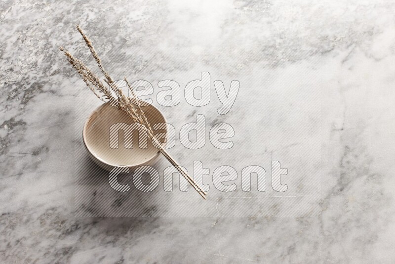 Wheat stalks on Beige Pottery Bowl on grey marble flooring, 45 degree angel