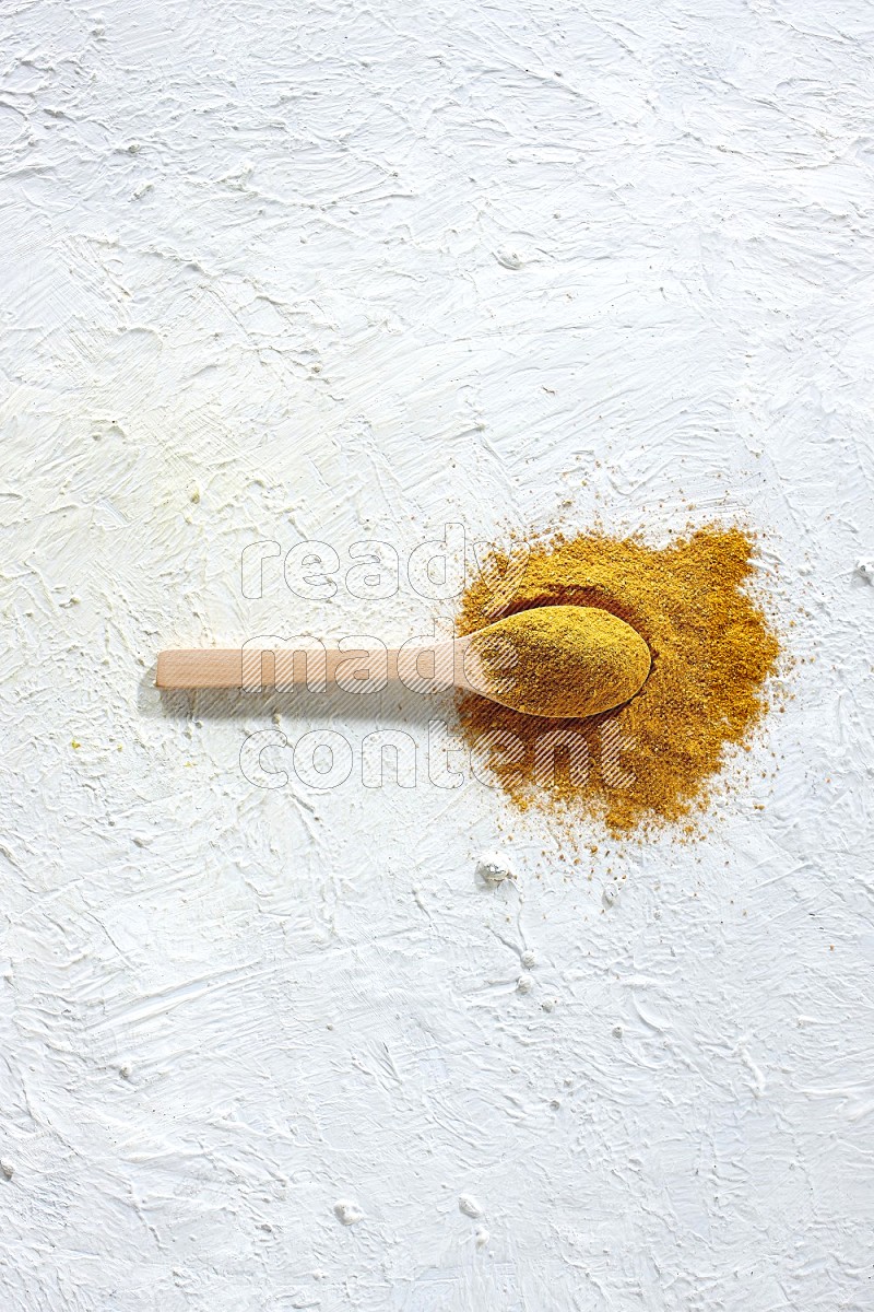 A wooden spoon full of turmeric powder on textured white background