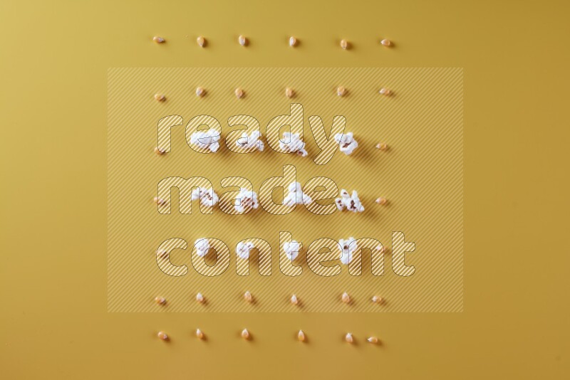 Popcorn flakes and seeds on a yellow background in different angles