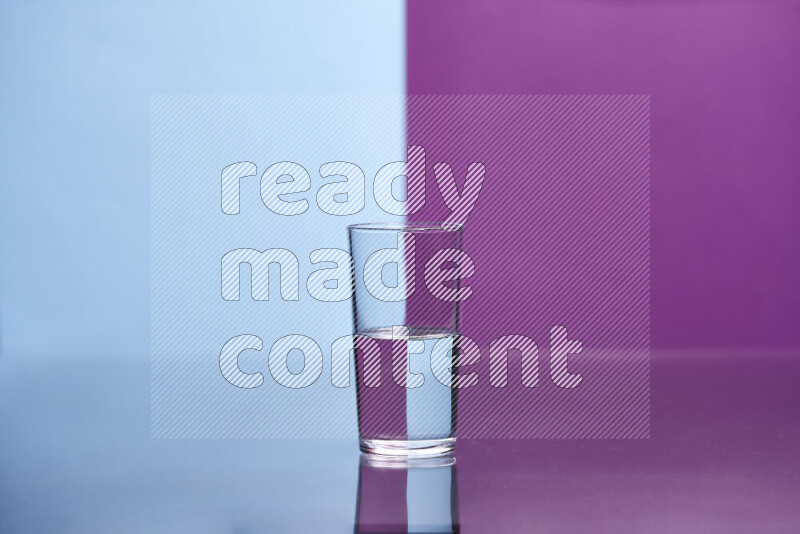 The image features a clear glassware filled with water, set against light blue and purple background