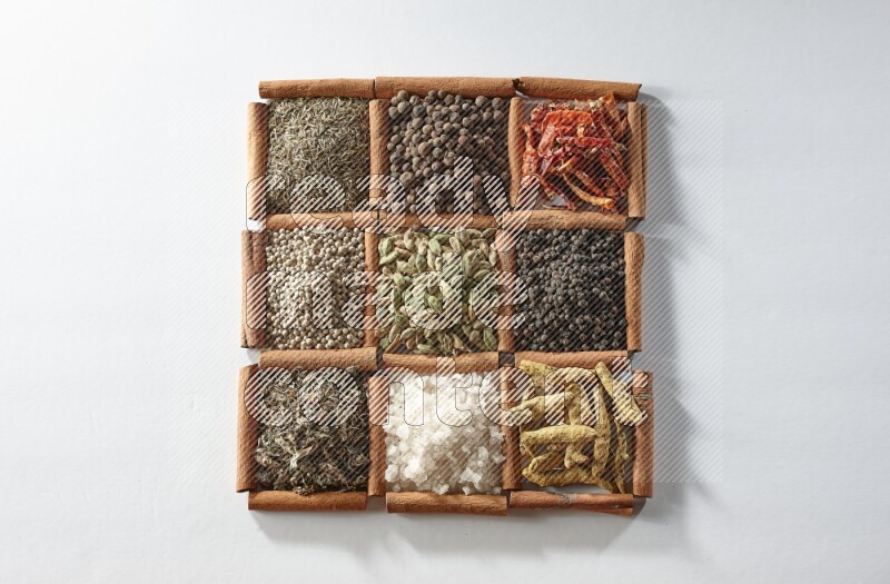 9 squares of cinnamon sticks full of cardamom in the middle surrounded by turmeric, salt, dried basil, white pepper, cumin, allspice, red dried chilis and black pepper on white flooring