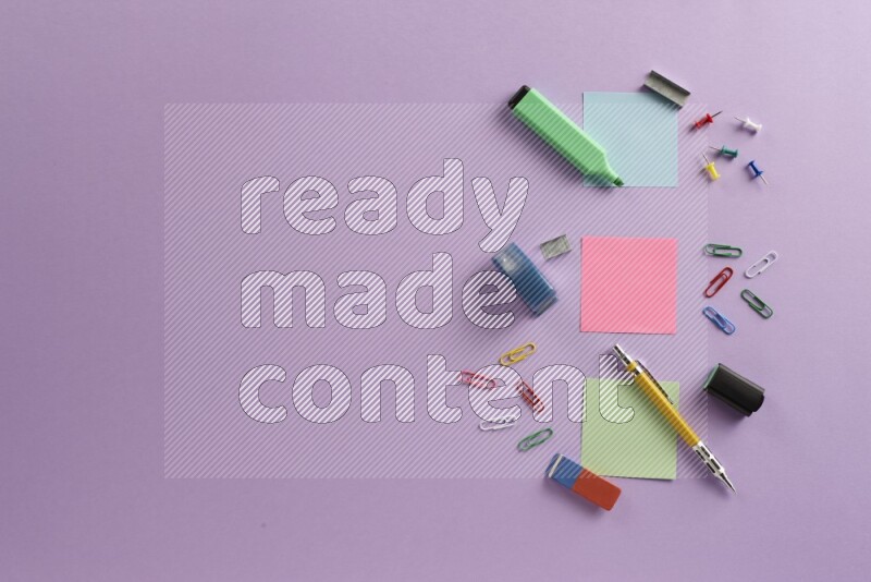 Multicolored sticky notes with school supplies on purple background