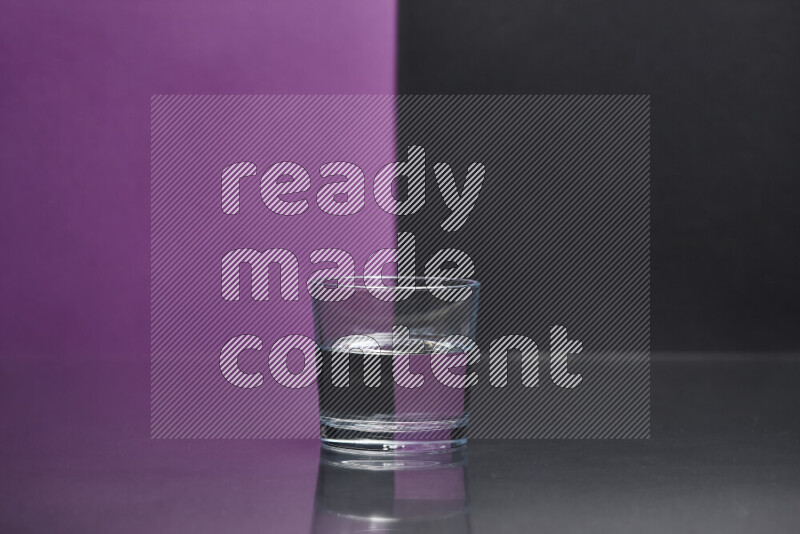 The image features a clear glassware filled with water, set against purple and black background