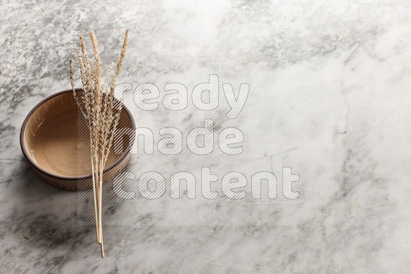 Wheat stalks on beige pottery oven bowl on grey marble background