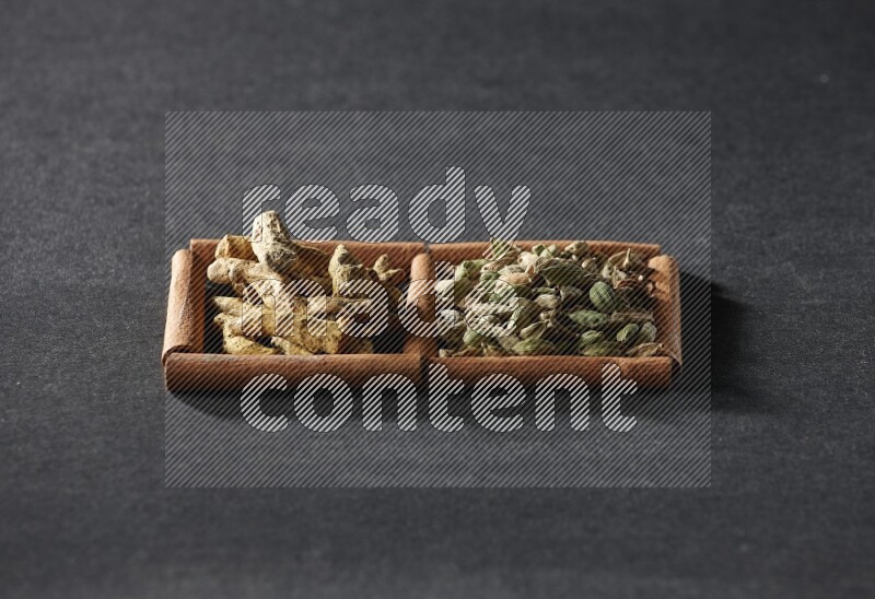 2 squares of cinnamon sticks full of cardamom and turmeric fingers on black flooring