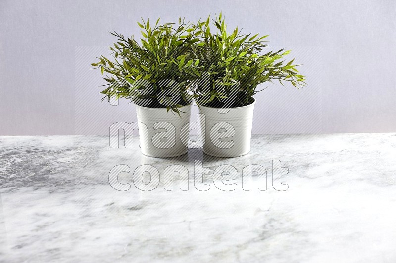 Two Artificial Plants in White Pot on Light Grey Marble Background 45 degree angle