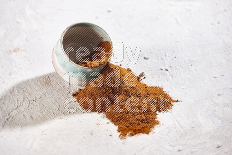 A colored pottery bowl full of ground paprika powder with fallen powder from it on white background