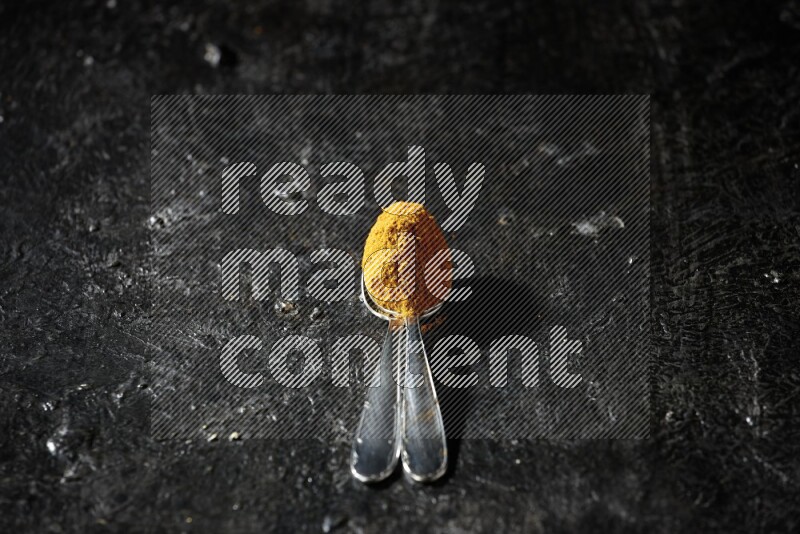 2 metal spoons full of turmeric powder on a textured black background