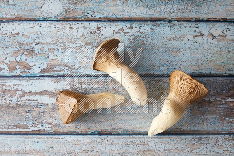 Fresh King oysters mushrooms topview on a light blue wooden background