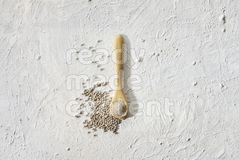 A wooden spoon full of white pepper powder and white pepper beads on textured white flooring