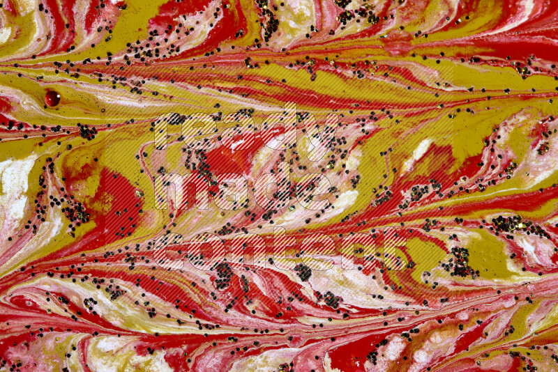 Abstract colorful background with mixed of red, white and gold paint colors with scattered gold glitter