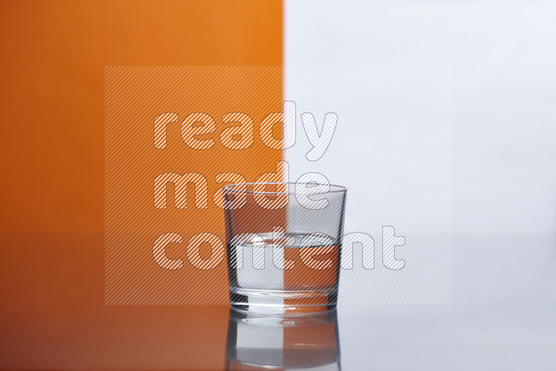 The image features a clear glassware filled with water, set against white and orange background