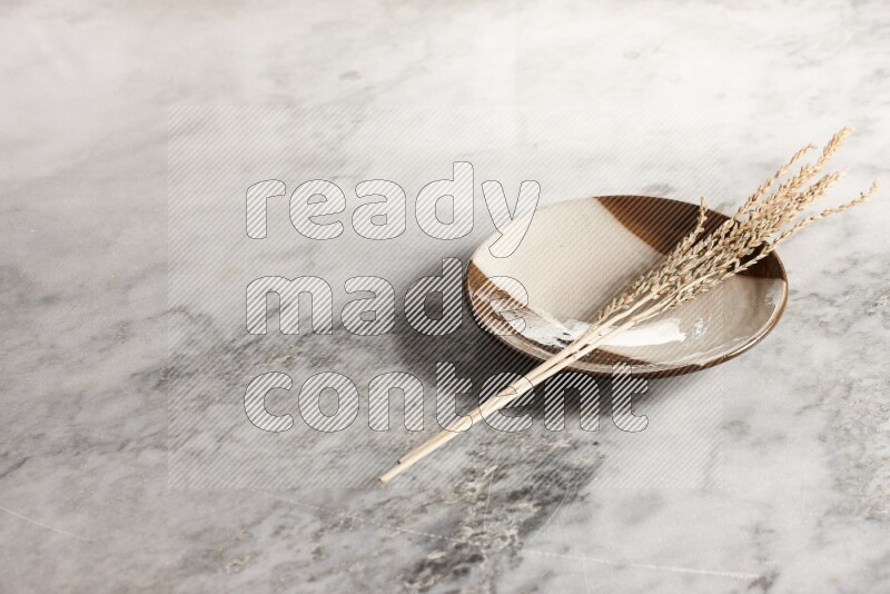 Wheat stalks on multicolored pottery plate on grey marble background