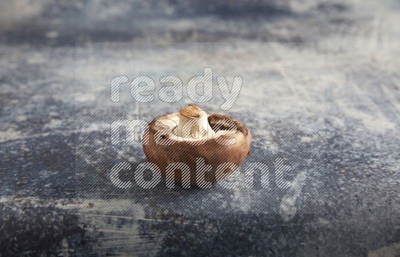 45 degre cremini  mushrooms on a textured rustic blue background