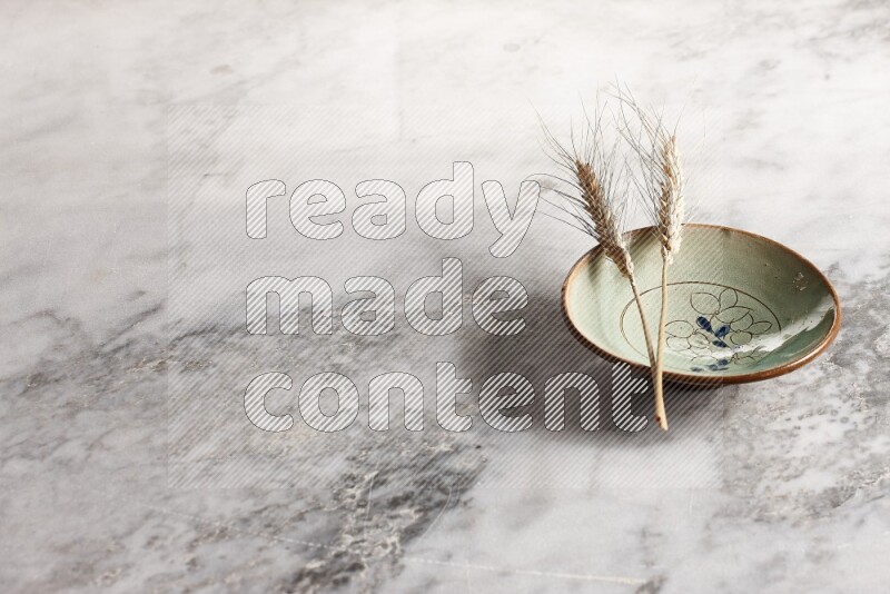 Wheat stalks on decorative pottery plate on grey marble background
